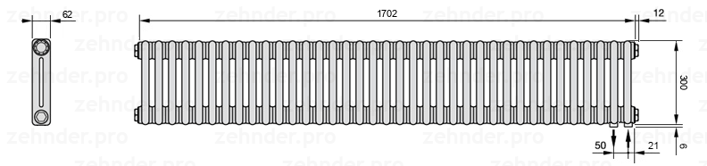 Схема (чертеж) Радиатор Zehnder Charleston 2030/37 №5510 Белый глянцевый RAL 9016